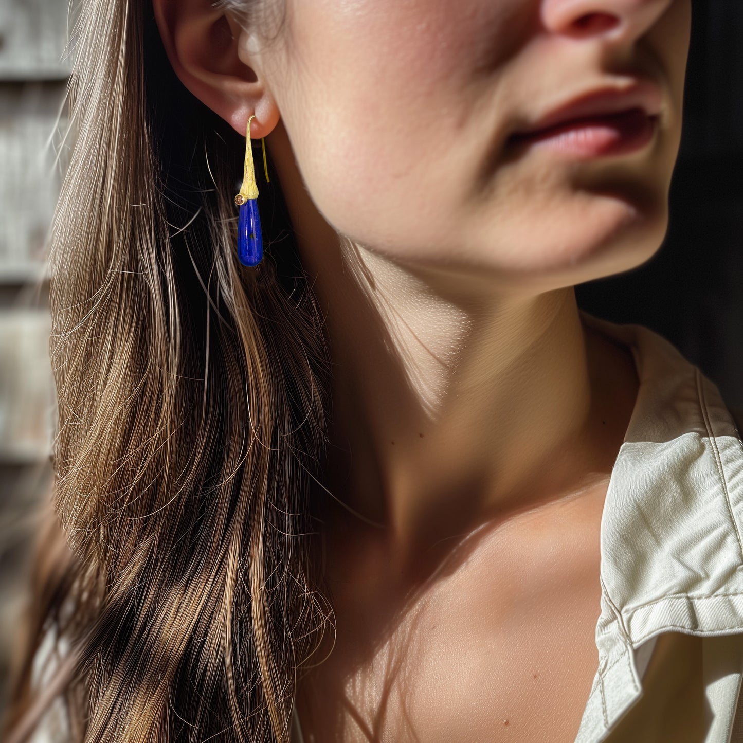 18k Gold Lapis with Cognac Diamond Drop Earrings