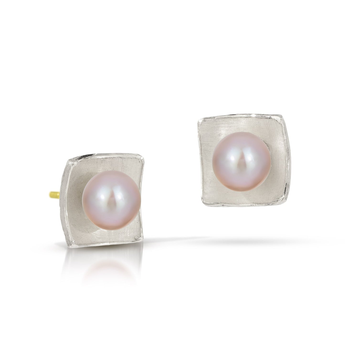 Silver Concave Square with Natural Pearl Earrings