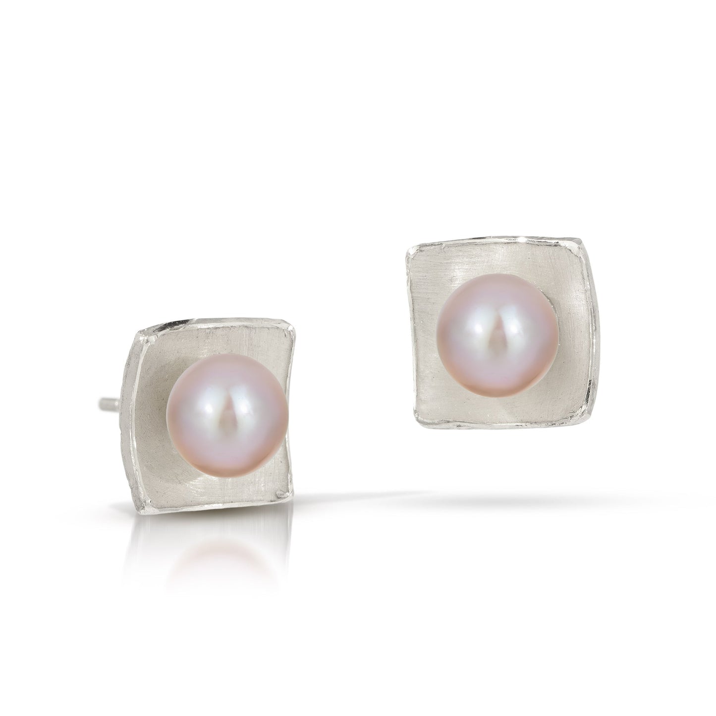 Silver Concave Square with Natural Pearl Earrings