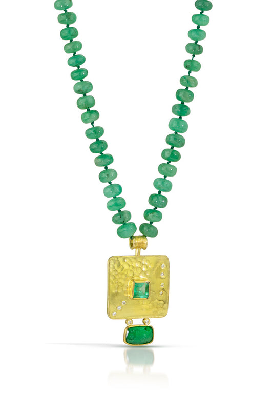 18k Gold Square Necklace with Emerald Beads