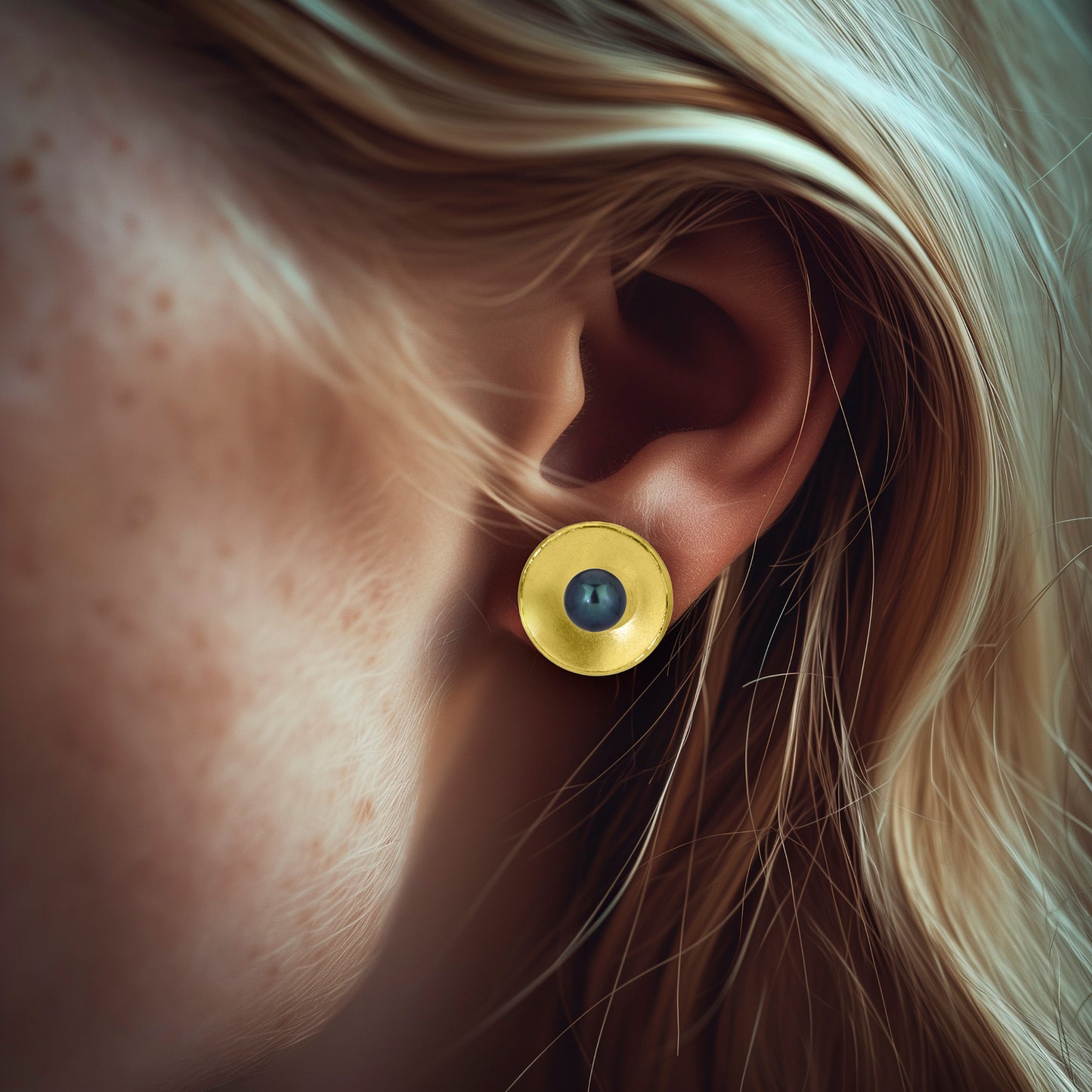 18k Gold Concave Circle Post Earrings with Pearl